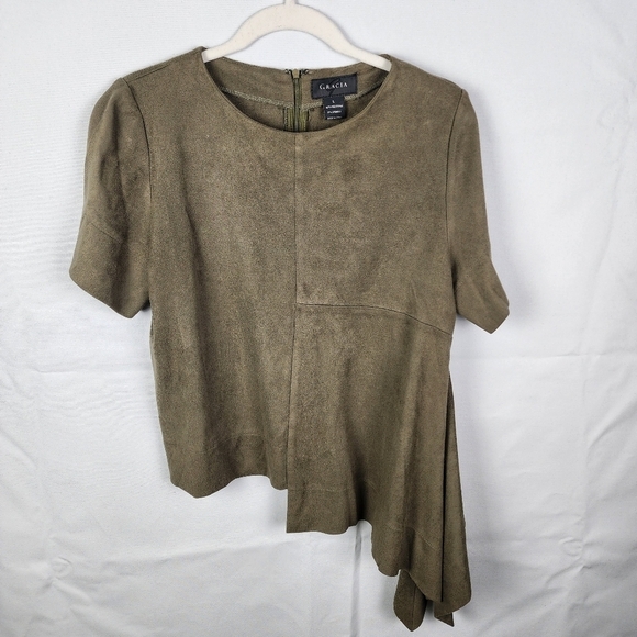 Gracia Vegan Suede Asymmetrical Hem Olive Green Blouse SIZE Large - Picture 1 of 6